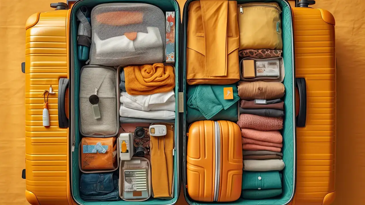 Packliste China: Ein offener, gelber Koffer mit ordentlich gefalteter Kleidung, Kulturbeutel und kleineren Packwürfeln. Alles bereit für die Reise!