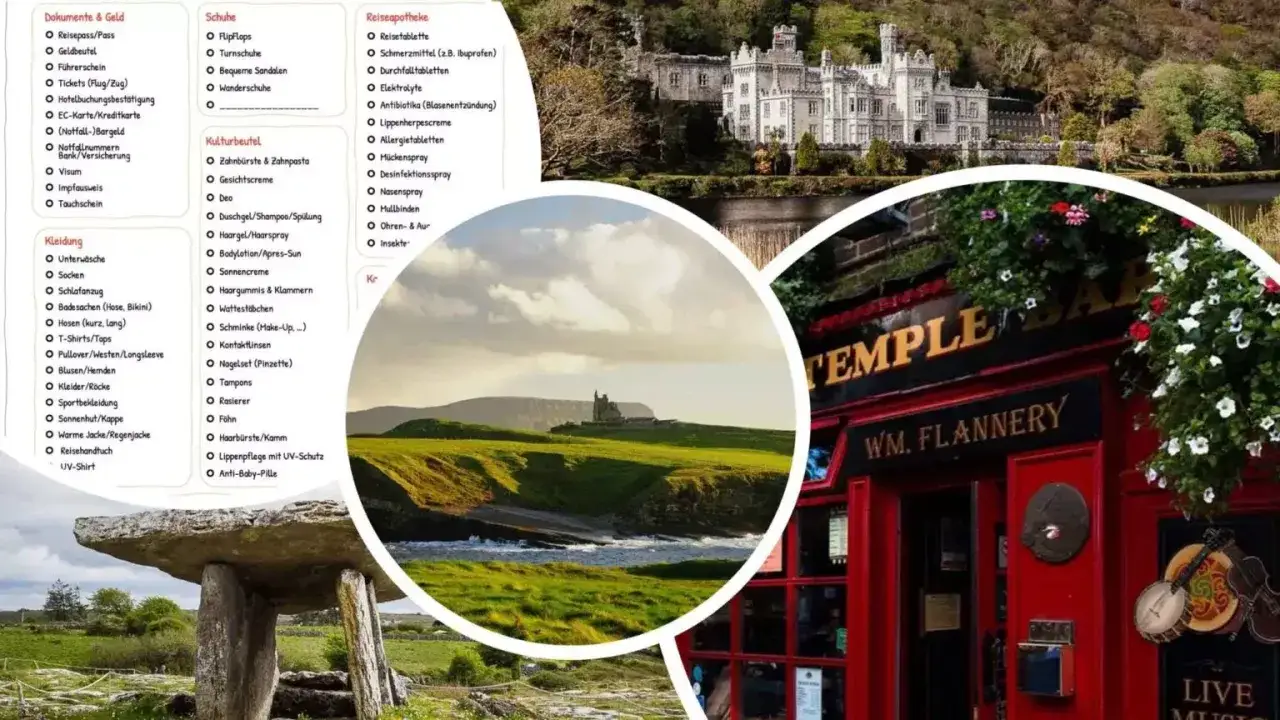 Packliste Irland: Dokumente, Kleidung, Schuhe, Kulturbeutel, Reiseapotheke. Bilder von Schlössern, grünen Hügeln und einem Pub.
