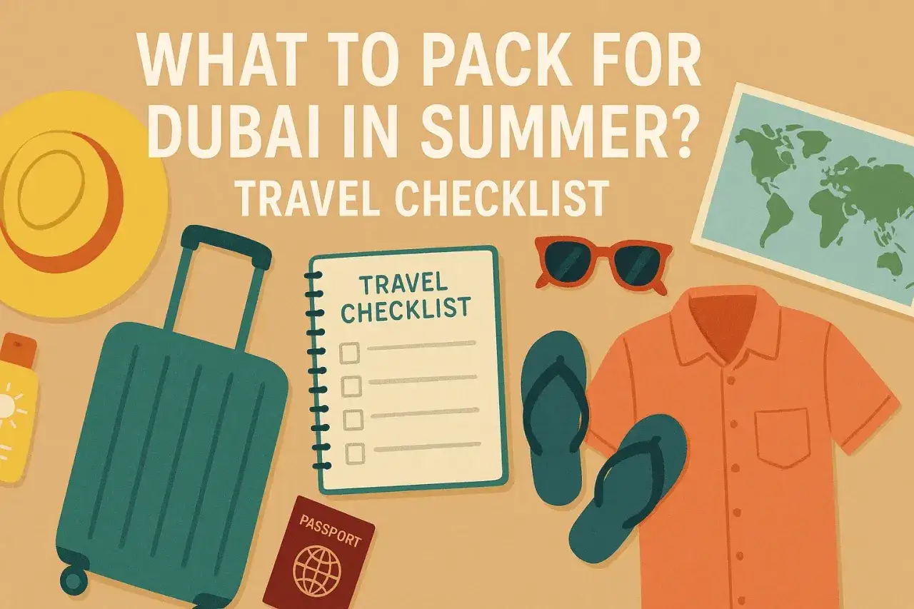 Packliste Dubai: Koffer, Hut, Sonnencreme, Reisepass, Sonnenbrille, Hemd und Flip-Flops für den Sommerurlaub.