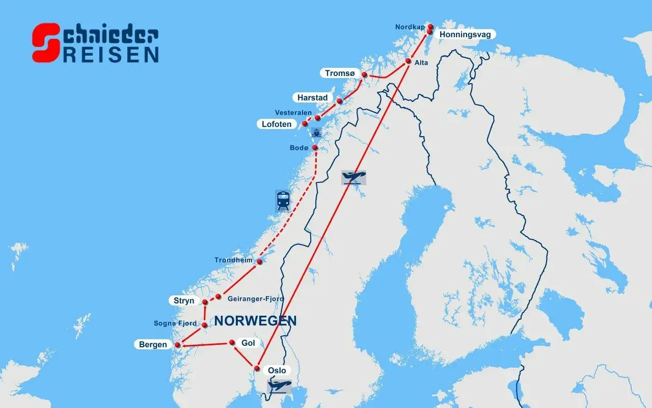 Karte zeigt eine Rundreise durch Norwegen mit Stationen wie Oslo, Bergen, Lofoten und Nordkap. Perfekt für Ihren Urlaub in Norwegen!