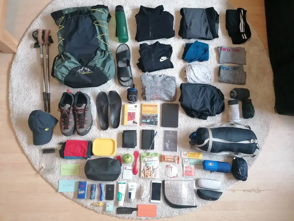 Jakobsweg Packliste: Rucksack, Wanderschuhe, Kleidung, Wasserflasche, Wanderstöcke, Snacks und ein Pilgerführer. Alles für eine lange Reise.