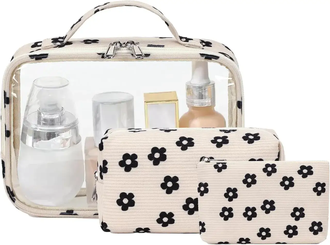 Kosmetik-Taschen-Set mit Blumenmuster, perfekt für die kosmetik urlaub liste. Transparente Tasche mit Pflegeprodukten und zwei kleinere Kosmetiktaschen.