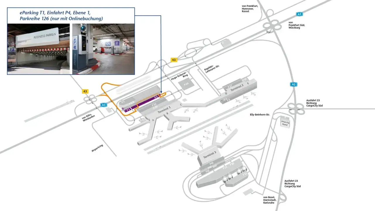 Plan des Frankfurter Flughafens mit eParking T1, Einfahrt P4, Ebene 1, Parkreihe 126. Ein Auto lädt dort.