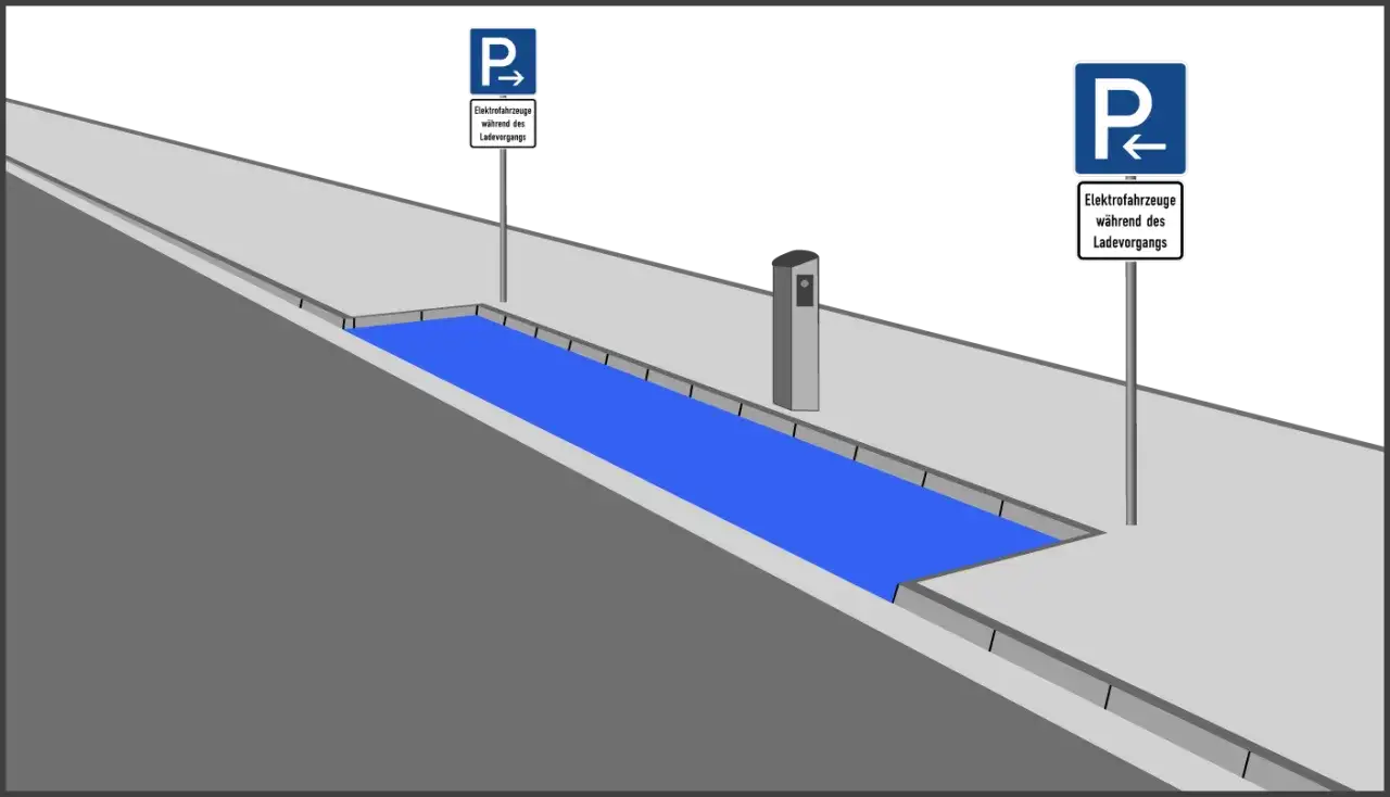 Parkplatz für Elektrofahrzeuge mit Ladesäule. Parken mit Parkschein ist hier erlaubt.