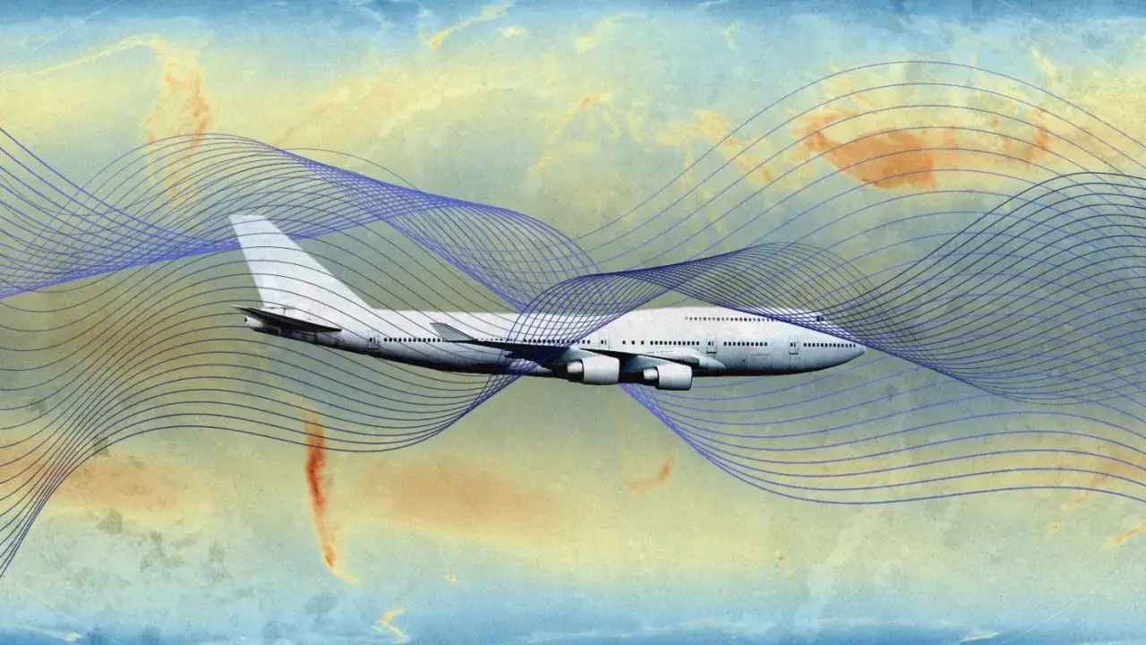 Flugzeug durchquert Wellenmuster, die auf Flugzeugturbulenzen hindeuten.