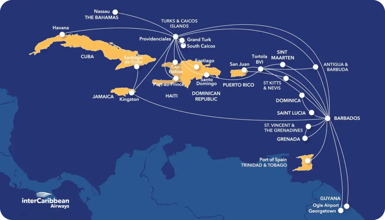 Flugroutenkarte der Karibik mit vielen Inseln und Flughäfen, die von InterCaribbean Airways angeflogen werden.