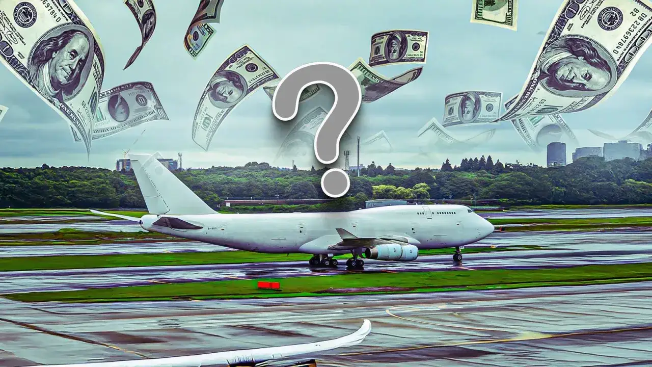 Ein Jumbojet auf dem Rollfeld, umgeben von fliegenden Dollar-Scheinen und einem großen Fragezeichen. Was kostet eine Boeing 747?