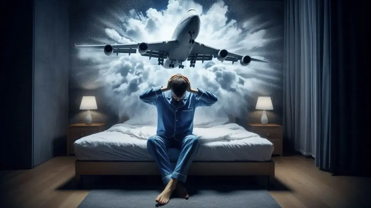 Mann im Schlafanzug hält sich die Ohren zu, während ein Flugzeug durch Wolken über ihm schwebt. Ein Symbol für das Nachtflugverbot in Europa.