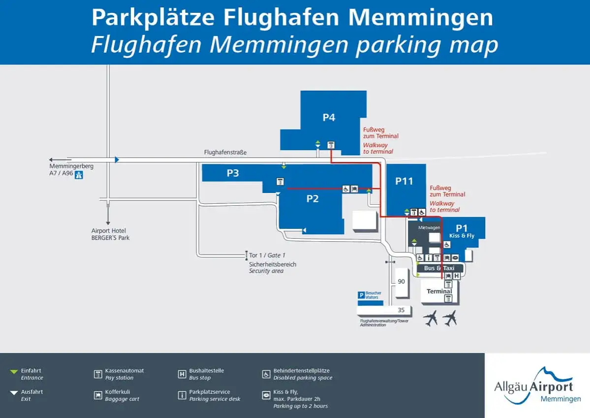 Karte der Parkplätze am Flughafen Memmingen. Hier finden Sie kostenlose Parkmöglichkeiten und Wege zum Terminal.