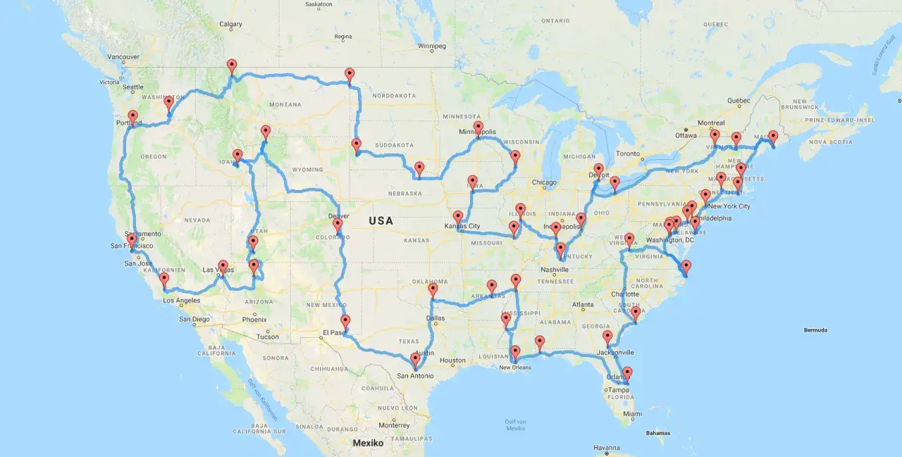 Eine epische USA-Reise mit vielen roten Markierungen, die eine Route von der Westküste über den Mittleren Westen bis zur Ostküste und zurück zeigt.