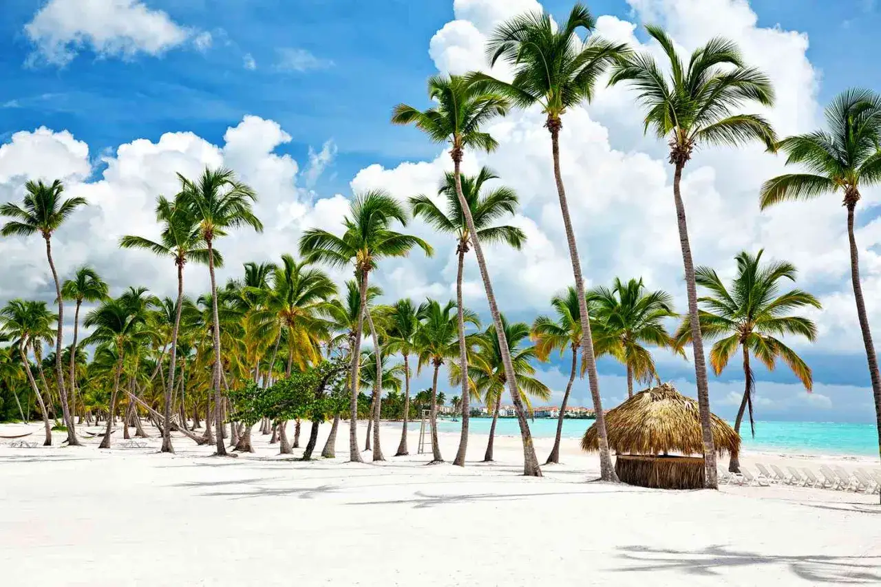 Traumhafter Strand mit Palmen und Hütte. Perfekt für die beste Reisezeit Karibik.