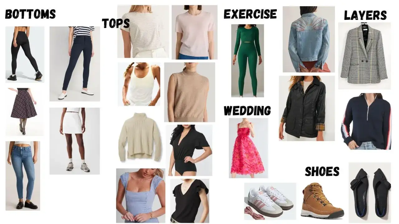 Outfit-Ideen für eine London-Reise: Hosen, Röcke, Tops, Sportkleidung, Kleider, Jacken und Schuhe.