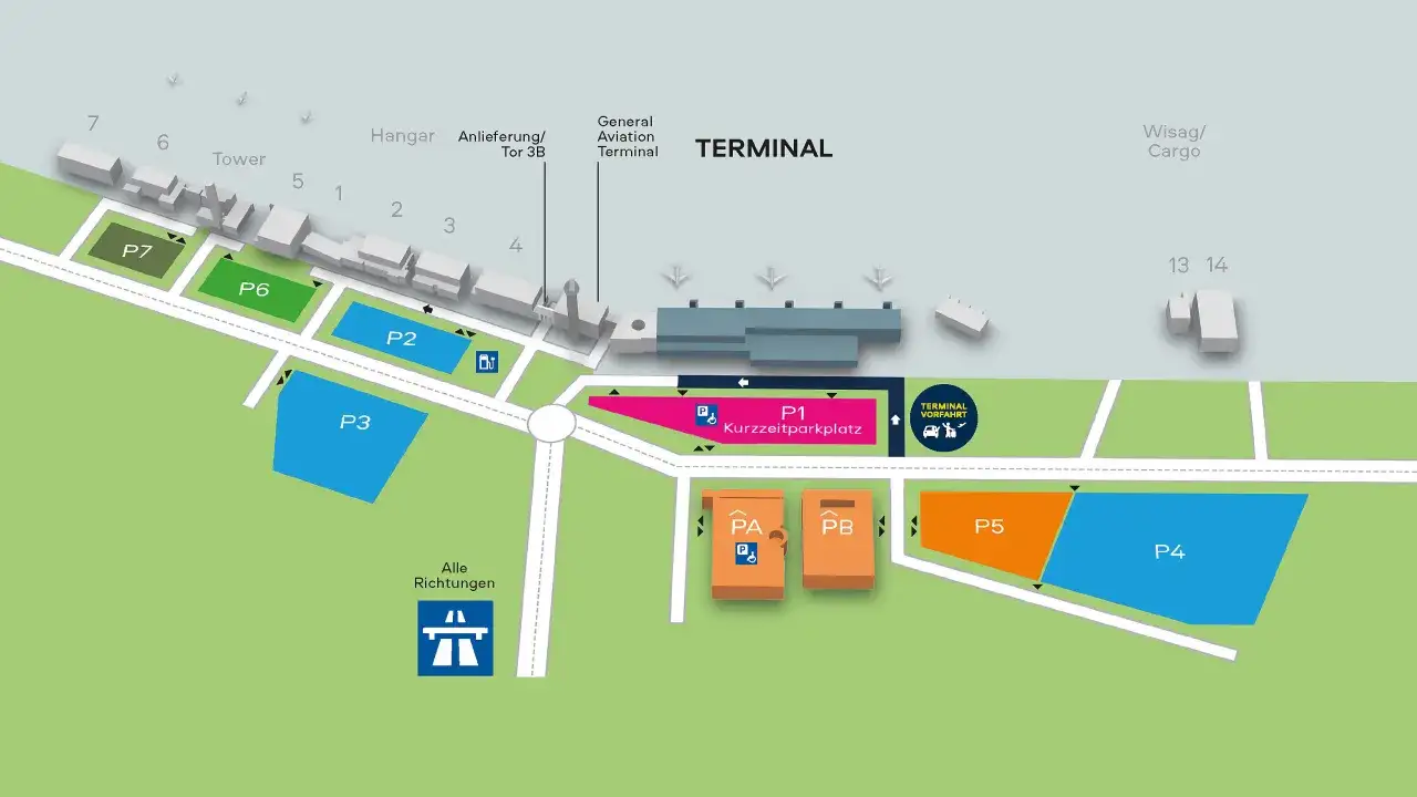 Flugplan zeigt Parkplätze P1-P7 am Terminal. FMO parken ohne Reservierung ist hier möglich.