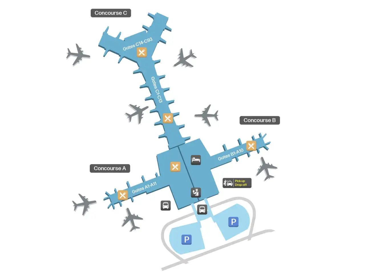 Flugplan für den Flughafen Doha, ideal für Umsteiger. Zeigt die Terminals A, B und C mit Gates und Flugzeugsymbolen.