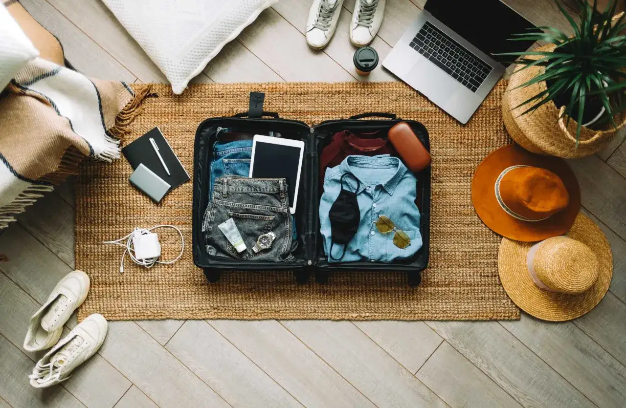Packliste Bali: Koffer mit Kleidung, Tablet, Sonnenbrille, Maske, Laptop, Hüte und Schuhe. Alles für die Reise bereit.