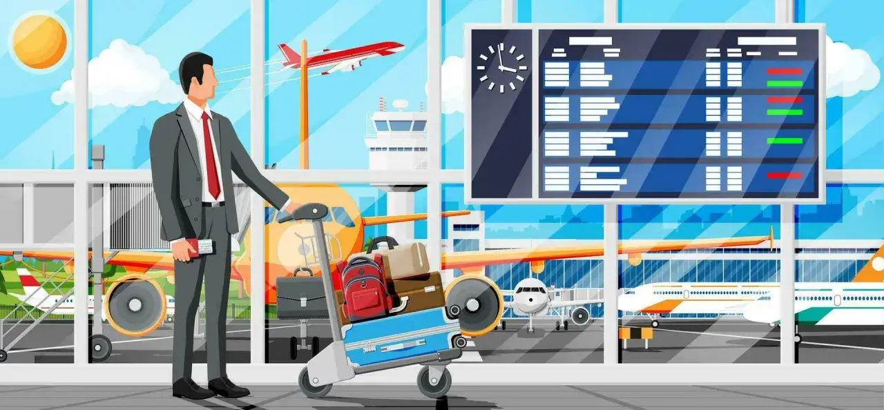 Geschäftsmann mit Gepäckwagen am Flughafen, wartet auf seinen Flug mit Zwischenstopp. Flugzeuge und Anzeigetafel im Hintergrund.