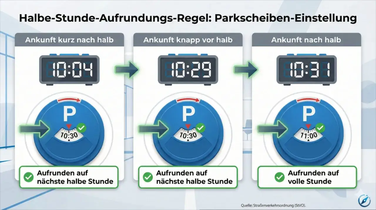 Ankunft 10:04: Parkscheibe auf 10:30 stellen. Bei Ankunft nach halb oder knapp vor halb, die Parkscheibe weiterdrehen auf die nächste volle oder halbe Stunde.