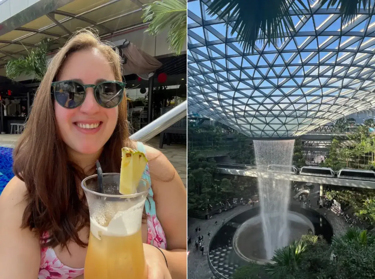 Frau mit Drink am singapur flughafen pool, im Hintergrund der beeindruckende Jewel Changi Airport mit Wasserfall.