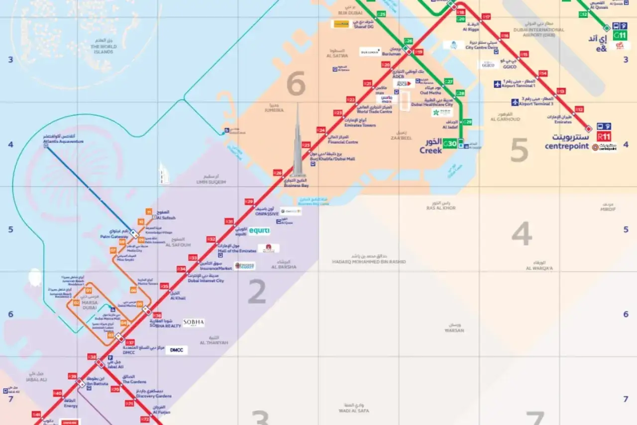 Dubai U-Bahn-Karte: Ein Zwischenstopp in Dubai zeigt die Linien und Stationen, ideal für die Planung Ihrer Reise.