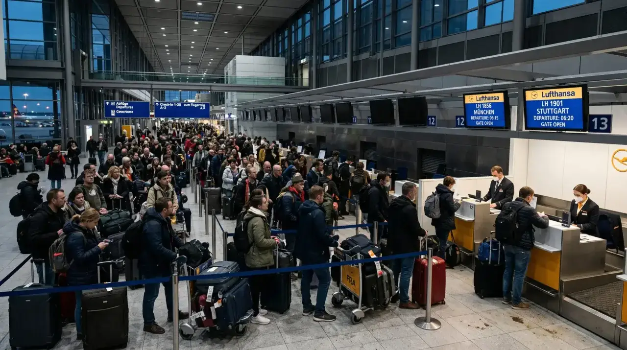 Lange Schlange am Flughafen. Was tun, wenn der flug verpasst? Reisende stehen an Schaltern, um Hilfe zu bekommen.