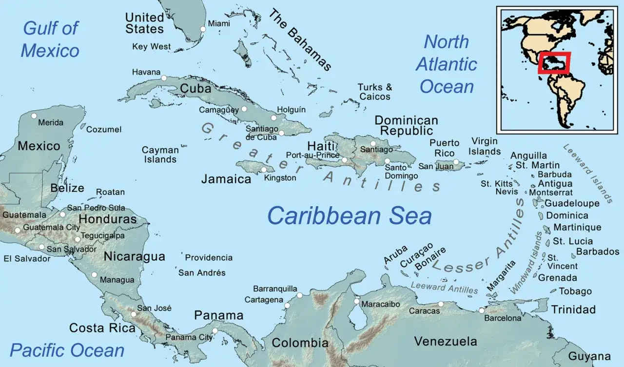 Karte der Karibik mit Inseln wie Kuba, Jamaika, Hispaniola. Perfekt für Urlaub in der Karibik Tipps.