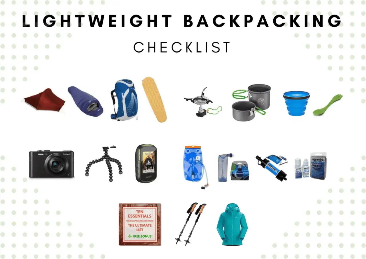 Leichte Rucksack-Packliste mit Zelt, Schlafsack, Rucksack, Isomatte, Kocher, Geschirr, Kamera, GPS, Wasserfilter und Jacke.