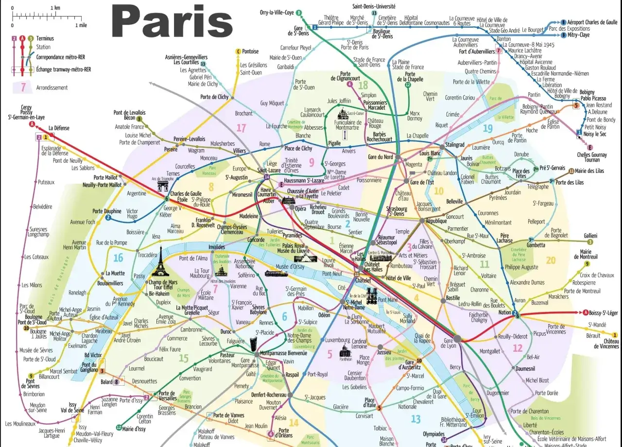 U-Bahn-Plan von Paris. Ideal für eine Paris low budget Reise, um die Stadt günstig zu erkunden.