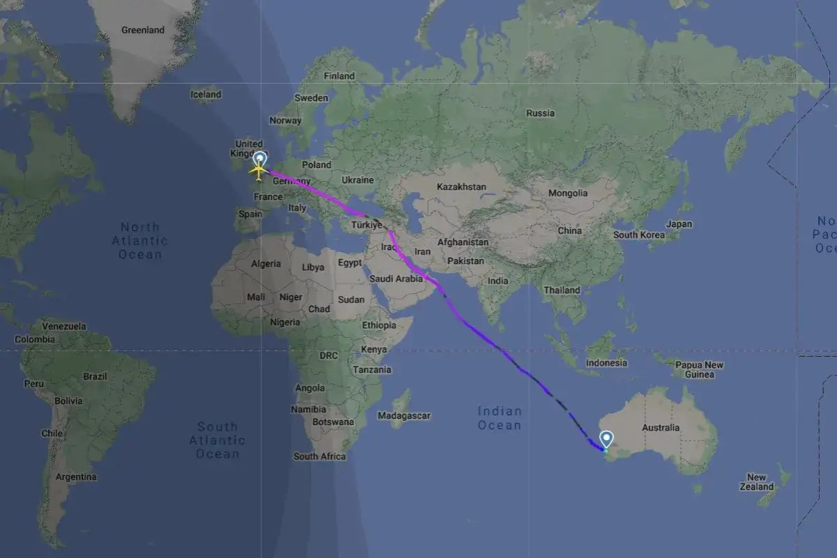 Flugroute von London nach Perth, Australien. Ein langer Direktflug über Europa, Asien und den Indischen Ozean.