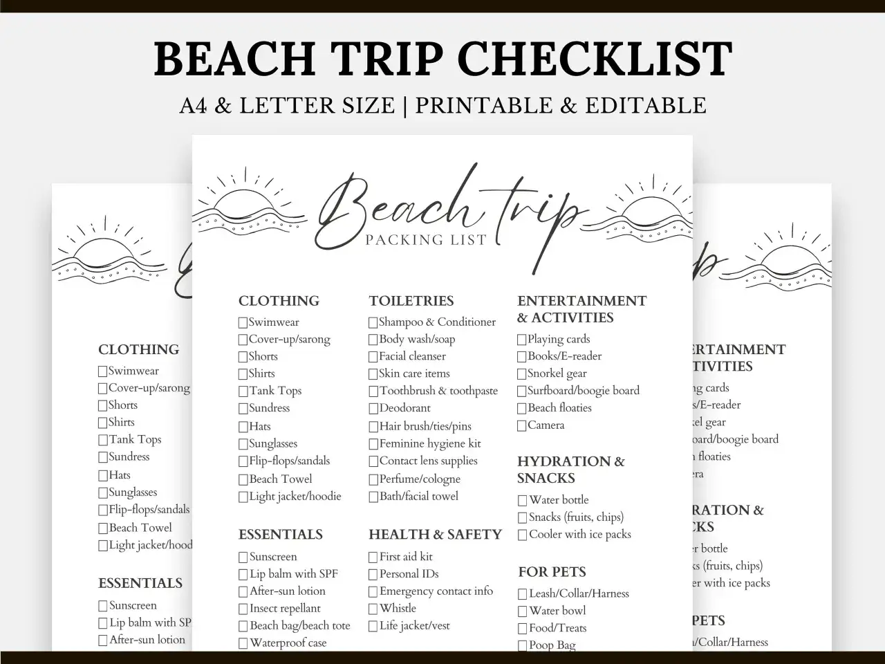 Checkliste für den Strandurlaub: Kleidung, Toilettenartikel, Unterhaltung, Hydration & Snacks, Gesundheit & Sicherheit, für Haustiere. Perfekt für deine Packliste Strandurlaub!