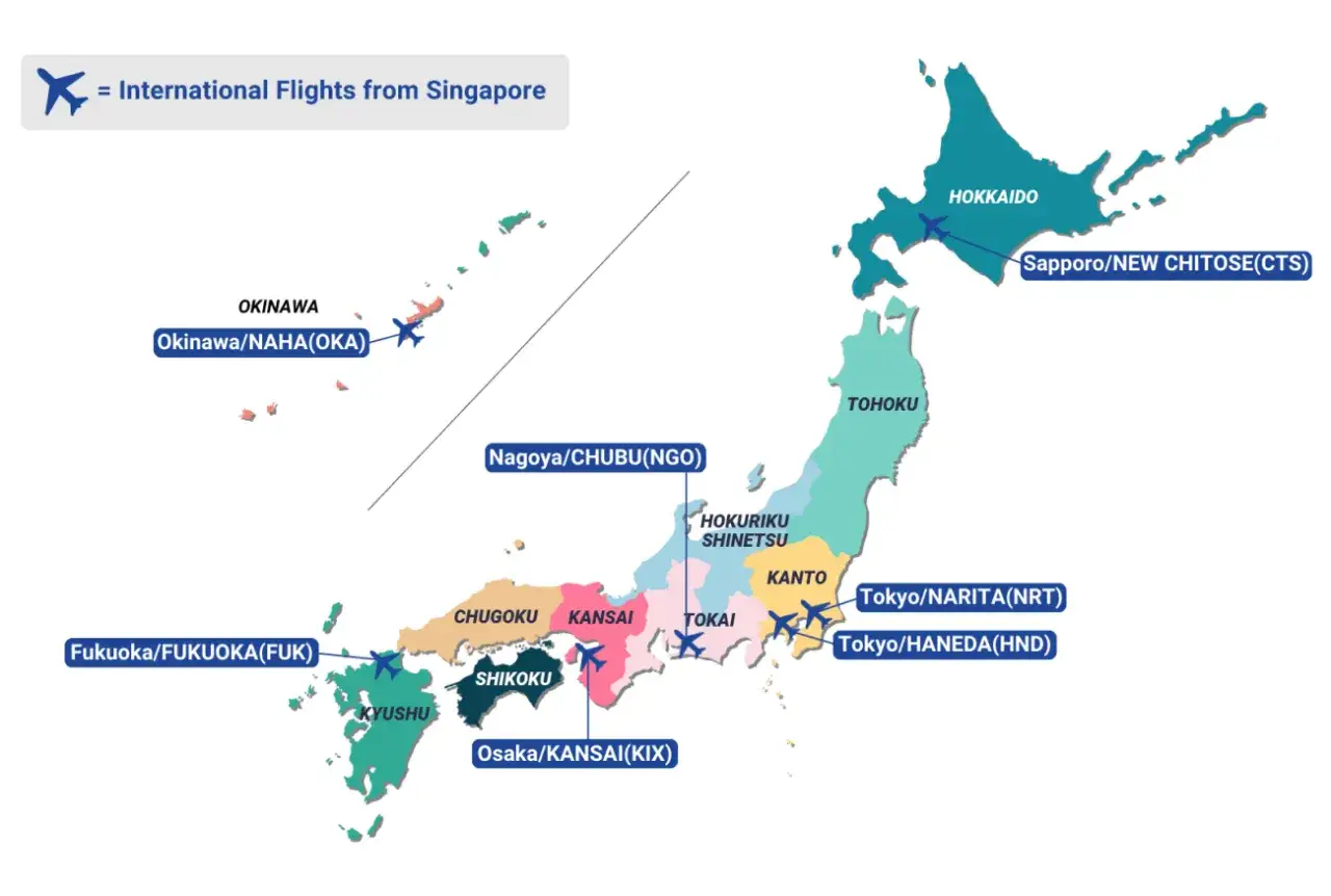 Karte von Japan mit internationalen Flügen von Singapur zu Flughäfen wie Tokio, Osaka und Sapporo.
