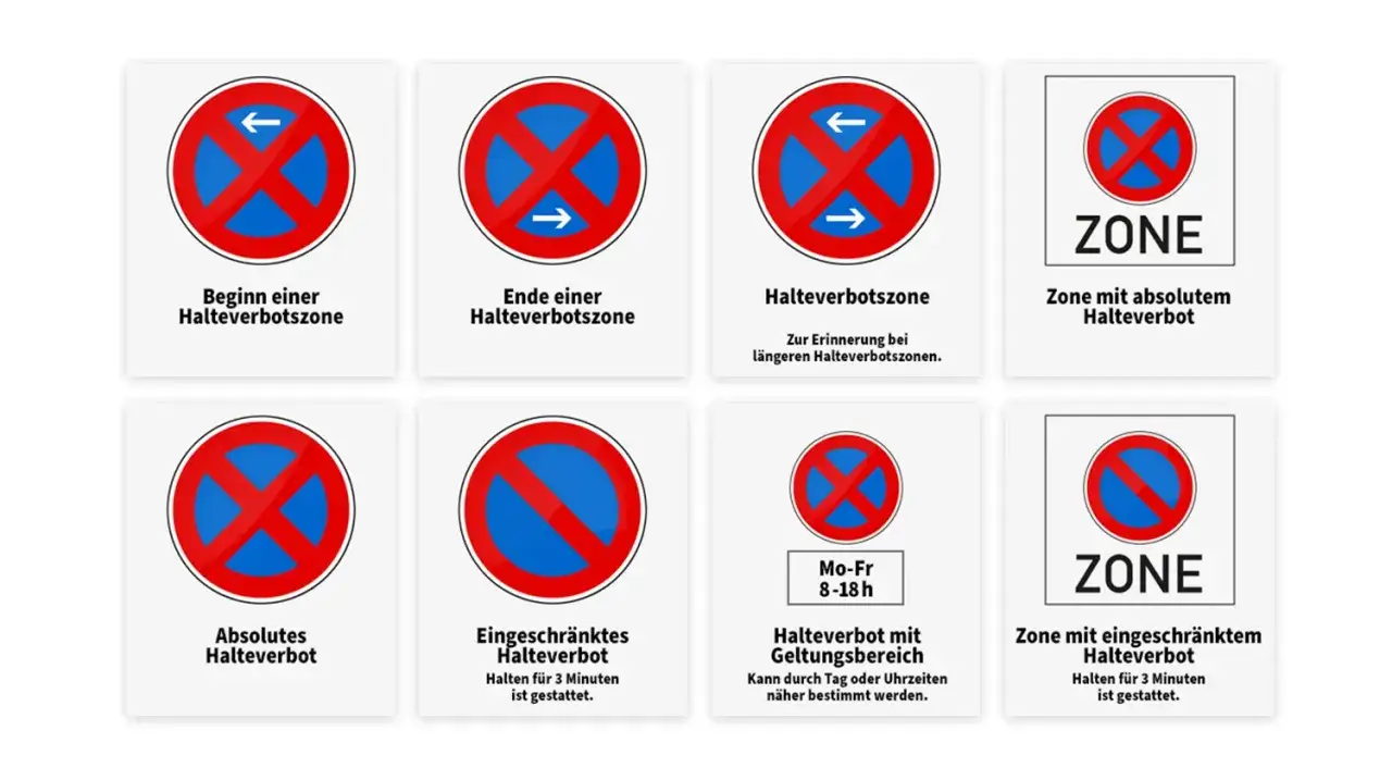 Verkehrsschilder zu Halteverboten: Beginn, Ende, Zone, absolut, eingeschränkt. Falsch parken kostet!