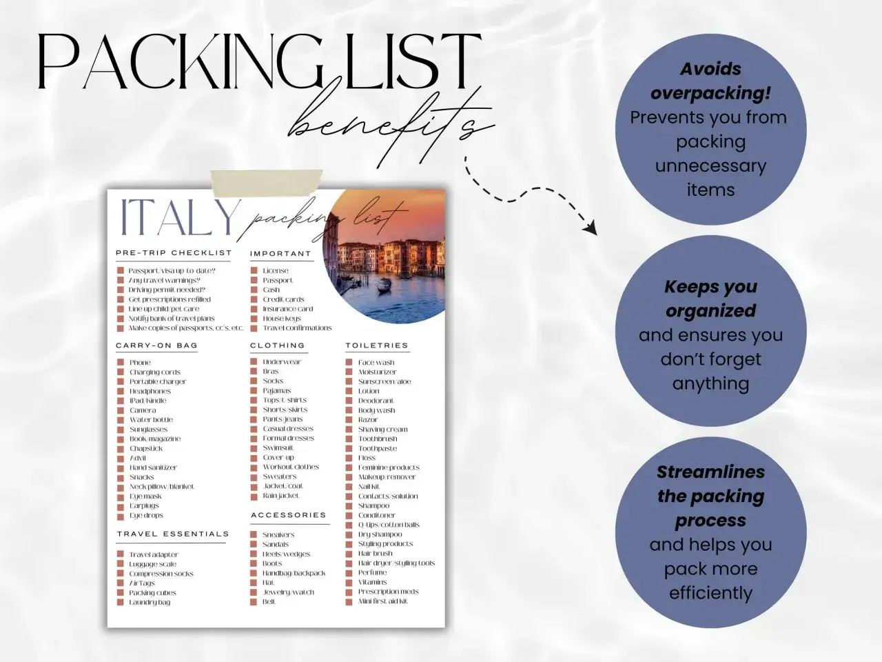 Packliste Italien: Checkliste für Kleidung, Toilettenartikel & mehr. Hilft, nichts zu vergessen und effizient zu packen.