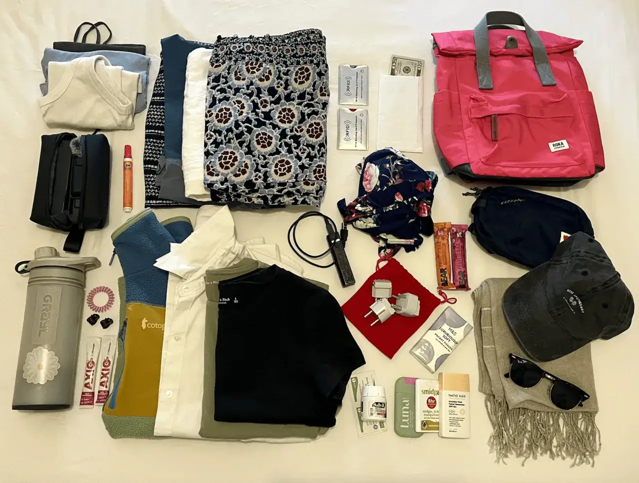 Eine sorgfältig zusammengestellte Indien Packliste: Kleidung, Trinkflasche, Reiseadapter, Sonnencreme und mehr für ein Abenteuer.