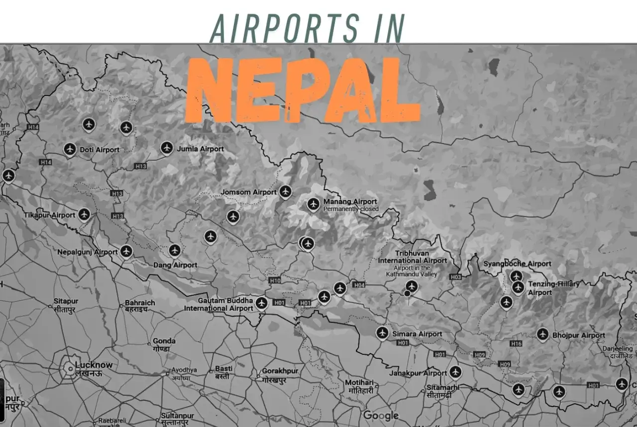 Karte von Nepal mit markierten Flughäfen wie Tribhuvan International Airport.