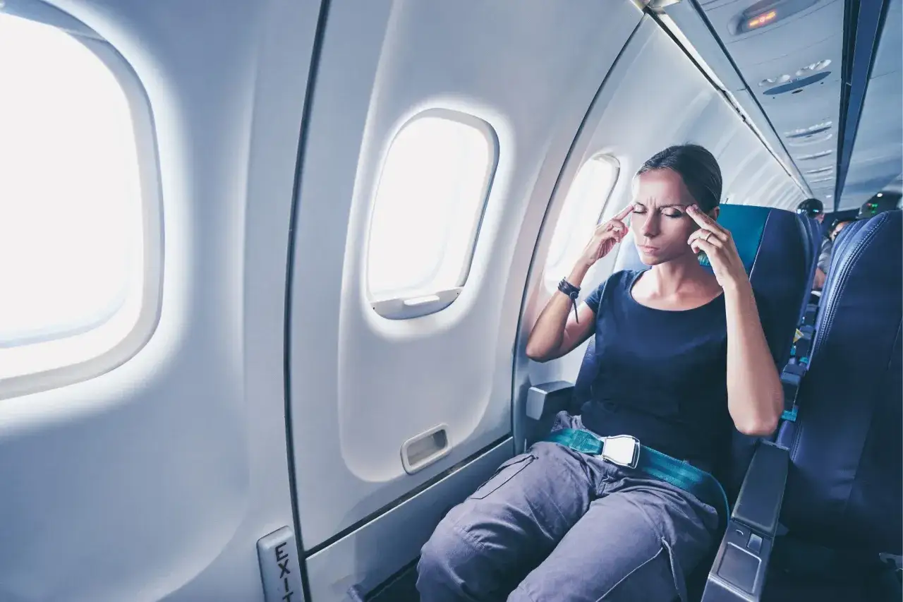 Frau mit geschlossenen Augen und Fingern an den Schl&auml;fen im Flugzeug, k&auml;mpft mit extremer Flugangst.