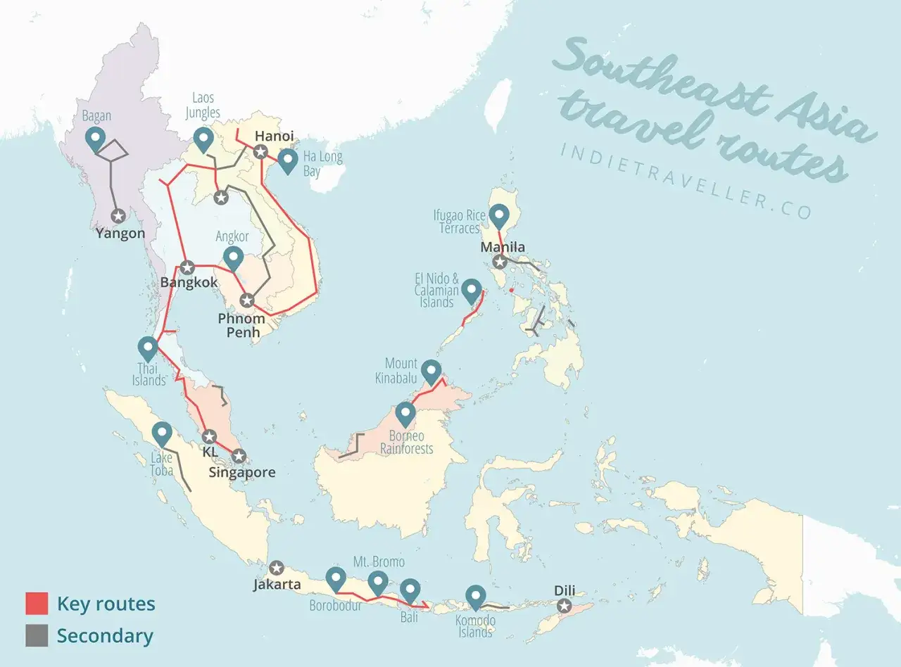 Karte mit Reiserouten für Südostasien: von Bagan über Bangkok und Singapur bis nach Bali und Dili. Perfekt für Ihre Asien Reiseziele!