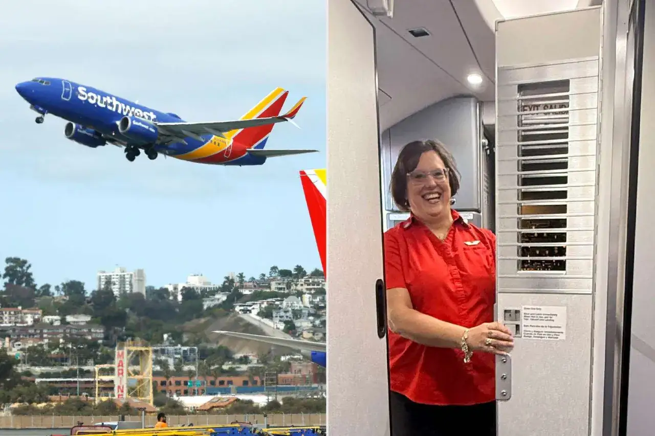 Ein Southwest-Flugzeug startet, während eine freundliche Flugbegleiterin im Gang lächelt. Das Bild vermittelt ein Gefühl von Sicherheit beim Fliegen.
