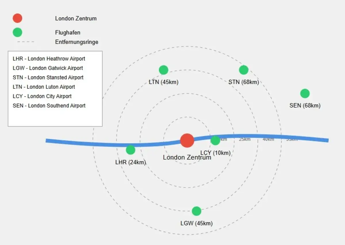 Karte zeigt London Zentrum (rot) und umliegende Flughäfen (grün) mit Entfernungsringen. LHR (24km), LCY (10km), LGW (45km), LTN (45km), STN (68km), SEN (68km).