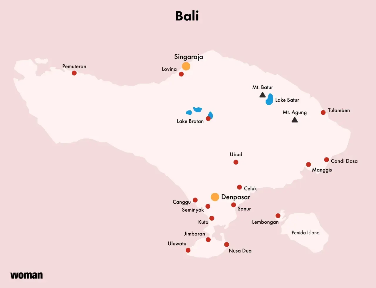 Karte von Bali mit Städten wie Denpasar, Ubud und Seen. Hier siehst du, wo liegt Bali.