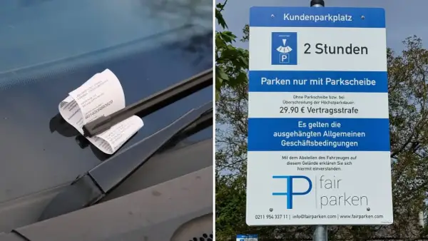 Strafzettel auf der Windschutzscheibe: Parken ohne Einkaufen auf dem Supermarkt-Parkplatz wird teuer. 2 Stunden Parkzeit mit Parkscheibe sind erlaubt.