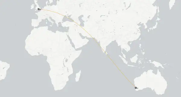 Flugroute von London nach Perth, Australien. Ein langer Direktflug über Kontinente und Ozeane.