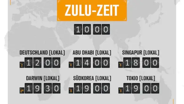 ZULU-ZEIT: Piloten und Reisende nutzen diese Zeitzone. Anzeige lokaler Zeiten in Deutschland, Abu Dhabi, Singapur, Darwin, Südkorea und Tokio.
