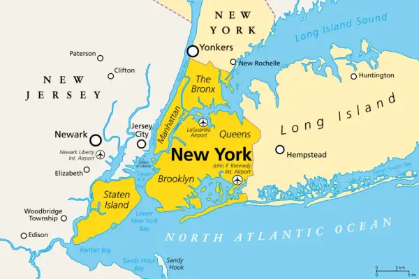 Karte von New York City mit den Flughäfen LaGuardia, JFK und Newark Liberty.