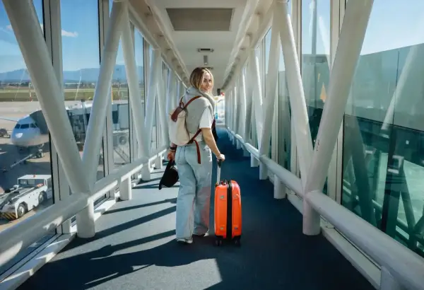 Junge Frau mit orangefarbenem Koffer und Rucksack geht durch einen Flugsteig. Ihr Flug mit Zwischenstopp beginnt.