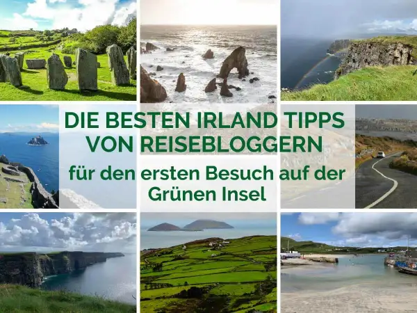Collage mit Irland-Impressionen: Steinkreise, Küsten, Regenbogen, grüne Hügel. Perfekt für deinen ersten Irland Urlaub!