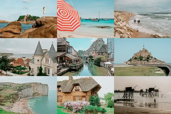 Ein bunter Collage-Überblick über einen Urlaub in Frankreich: Küsten, charmante Dörfer, Mont Saint-Michel und malerische Landschaften.