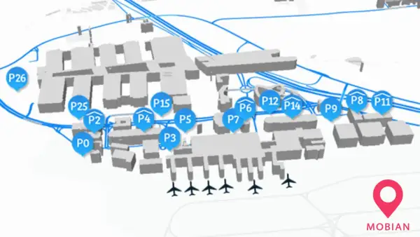 Übersichtskarte des Stuttgarter Flughafens mit Parkplätzen P0-P26. Hier finden Sie Ihre Stuttgart Flughafen P14 Erfahrungen.