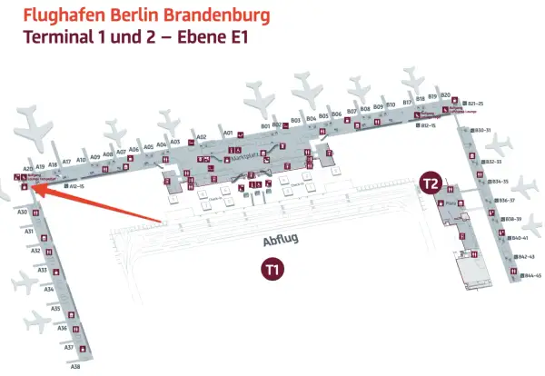 Plan des Flughafens Berlin Brandenburg, Ebene E1. Zeigt Gates A und B sowie den Weg zur Priority Pass Lounge Berlin.