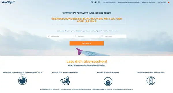 Wowtrip: Portal für Blind Booking Reisen. Überraschungsreise mit Flug & Hotel ab 150€. Gib Abflugort, Personen & Dauer an. Lass dich überraschen!