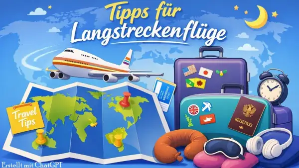 Flugzeug, Koffer, Karte & Reiseutensilien für einen langen Flug ohne Zwischenlandung. Tipps für Langstreckenflüge.